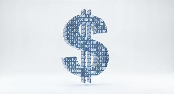 A vibrant 3D dollar sign, composed of blue binary code, stands on a clean white background. This image symbolizes digital finance, cryptocurrency, and technological advancements in money. - Powered by Adobe