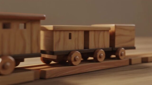 tren de juguete de madera, con locomotora y vagones unidos por peque&ntilde;os imanes. Madera pulida con vetas visibles, colores suaves y pintura mate. Iluminaci&oacute;n c&aacute;lida y natural que resalta la textura.