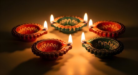 Five colorful diwali oil lamps are lit, creating a warm and inviting glow