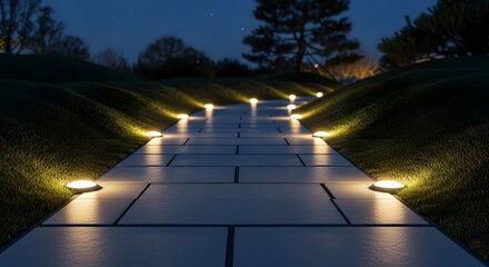 Pathway Illuminated by Ground Lights at Night, Creating Inviting Walkway with Warm Glow Through Green Landscape in Serene Outdoor Scene