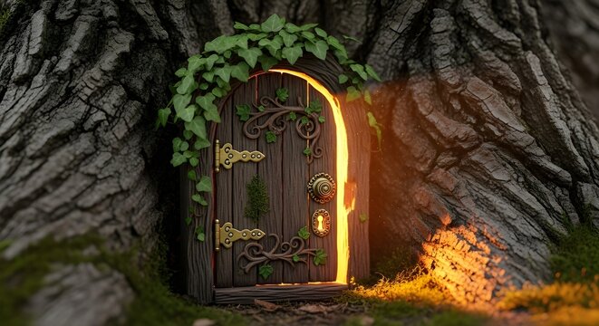 Enchanting fairy door nestled in the base of an ancient tree trunk