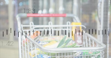 On start overlay appearing and forming waveform above shopping cart, showing price changes