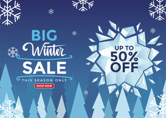 Winter big sale banner template with snowflakes and icy background for discounts, promotions and shopping posters. Winter season vector illustration.