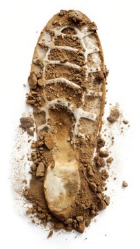 Muddy bootprint details on white background with visible soil particles and footprints shape