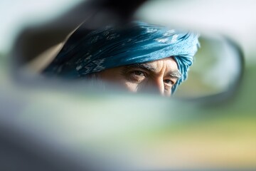 Intense gaze of a senior man wearing a blue turban looking into the camera