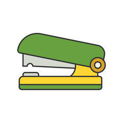 Green and yellow office stapler isolated on black background