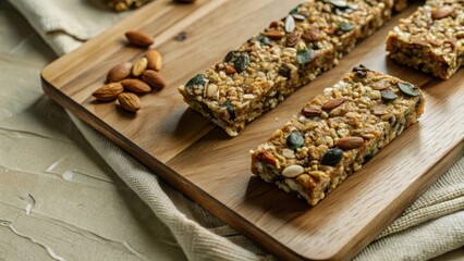 Fototapeta premium Homemade Granola Bars with Nuts Displayed on a Wooden Cutting Board
