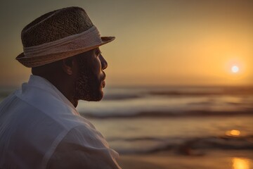 Man in hat looks out at ocean during sunset on beach