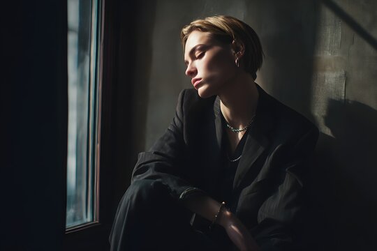 Pensive woman in a suit sits in front of a window lost in thought