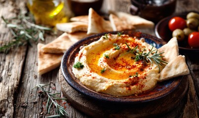 A plate of creamy hummus topped with olive oil and spices, served with pita bread.