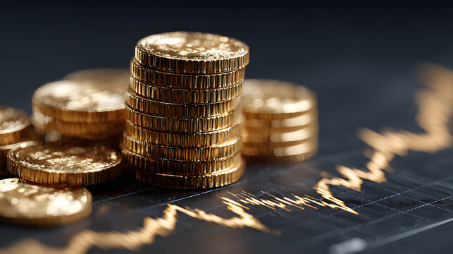 Stack of coins with trading price graph growth.Money business financial graph diagram of coin. Financial growth data or investment market profit bar and success report.Saving money concept.