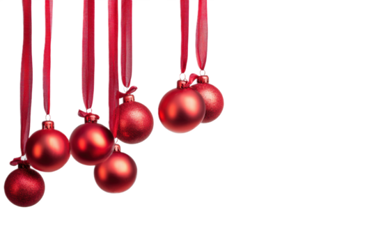Red Christmas balls with long ribbons isolated on white background, holiday decoration with copy space for banner design and festive branding

