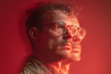 Man with glasses gazes intently into the distance under red lighting with motion blur