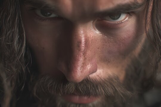 Intense close up of a man's face with an intense stare directly at the camera