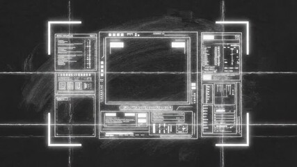 Blank black chalkboard with white neon target focus frame. Grungy empty board for menu or classroom concept. School or business graphic element.