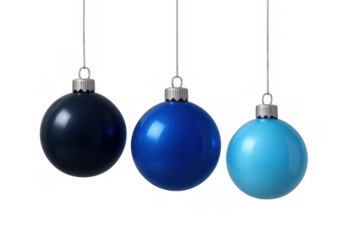 Hanging blue christmas ornaments and baubles on a transparent background, depicting festive holiday decoration