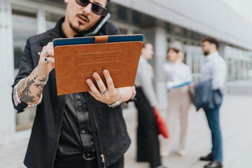 Businessman multitasks on his tablet while engaged in conversation, standing outside a modern office building.