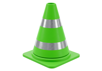 Isolated green traffic cone with silver reflective stripes for safety and construction sites