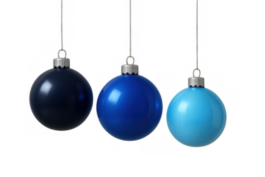 Hanging blue christmas ornaments and baubles on a transparent background, depicting festive holiday decoration - Powered by Adobe