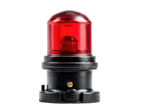 A close-up of a vintage, cylindrical red signal light, black base, isolated on black