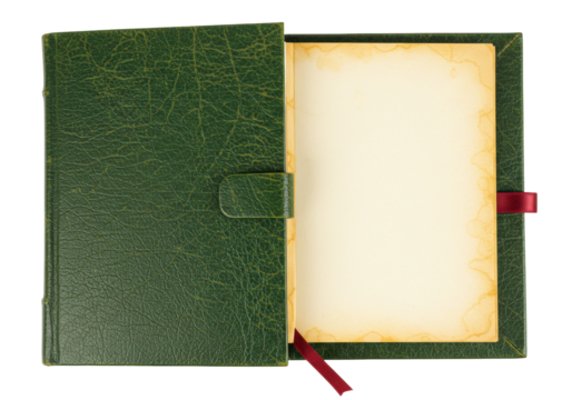 Isolated green leather bound journal with blank vintage pages for text or image, open book