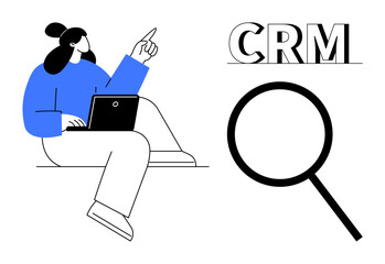 Person using laptop, pointing towards CRM text and magnifying glass. Ideal for business, CRM, analytics, teamwork, customer focus, data research corporate growth. Simple flat metaphor