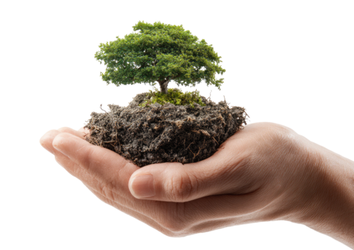 A hand cradles a small tree planted in soil, a symbol of environmental care and growth
