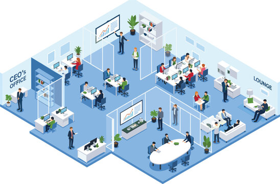 Isometric modern office layout vector with CEO room, meeting space, workstations, lounge area, collaboration zones, and presentation screens