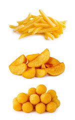Different types of fried potatoes served on a white background