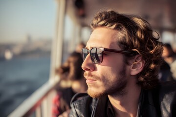 Thoughtful man with sunglasses looks out from a ferry on a sunny day in summer