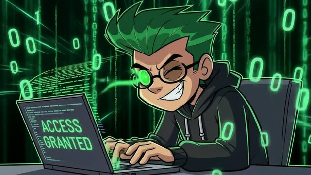Animated Hacker Cartoon Character Coding with Access Granted on Laptop Screen