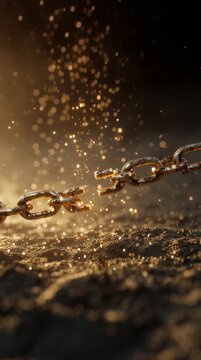 Breaking Free: A powerful image of a broken chain, symbolizing liberation from constraints and the dawn of new beginnings. Capturing resilience, fortitude, and the unyielding spirit of freedom.