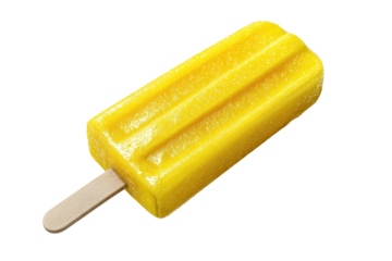 A rectangular, yellow popsicle on a wooden stick against a black background