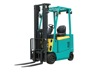 Isolated electric forklift truck, heavy industrial transport vehicle with lift attachment tool