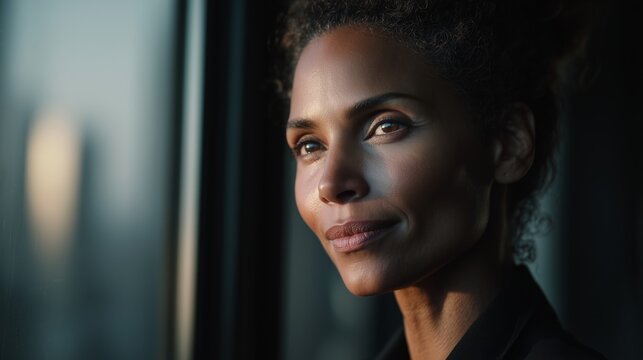 Woman with confident expression gazes out at city skyline during sunset from modern high-rise building