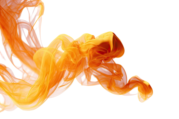 Flowing, translucent orange fabric swirls against a stark black backdrop, creating dynamic forms