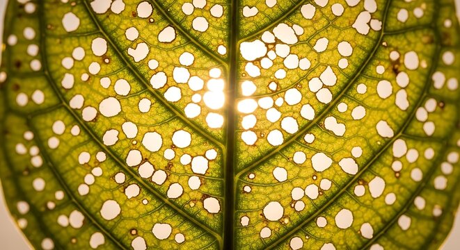 Close-up of a vibrant green leaf with numerous white spots and sunlight shining through.