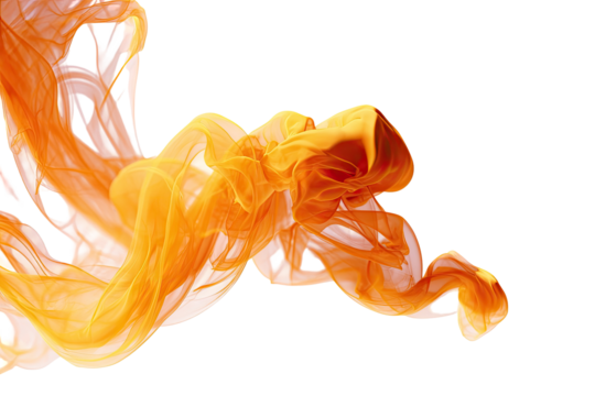 Flowing, translucent orange fabric swirls against a stark black backdrop, creating dynamic forms