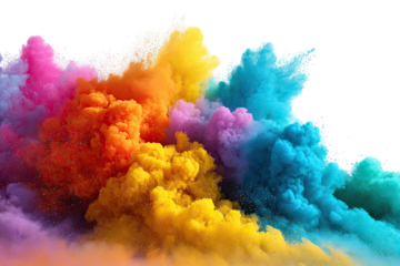 A vibrant explosion of colorful powder billows against a stark black backdrop