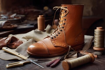 Close-up of leather boot surrounded by sewing tools and materials on a workbench