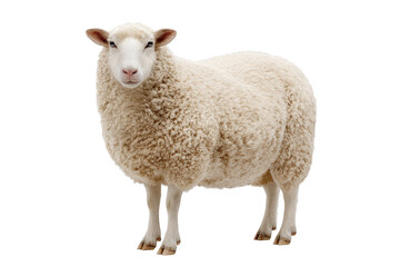 Fototapeta premium Fluffy white sheep standing on hind legs, looking forward with soft fur and a light background