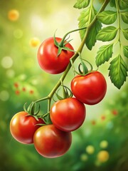 Fresh red tomatoes hanging from a long green grapevine branch in a garden setting