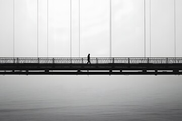 Silhouette of a person walking on a bridge over calm water on a foggy day
