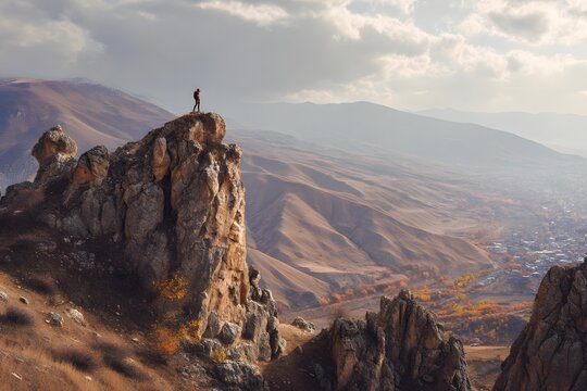 Exploring the heights: a lone hiker surveys the vast landscape from a rocky peak