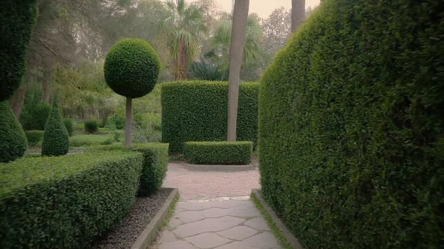 Beautifully manicured garden path with topiary and hedges.
