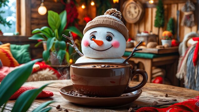 Warmth in Hands: Snowman, Coffee, and the Glow of Celebration (AI-generated) - Powered by Adobe