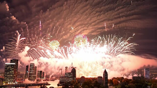 Vibrant fireworks exploding over a serene lake at night, with reflections shimmering on the water's surface. 4k Video footage