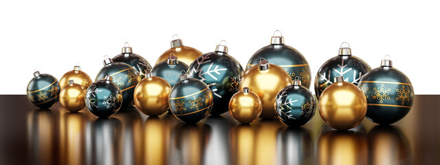 Isolated Christmas baubles with night lighting. Golden and dark blue colors. 3D rendering
