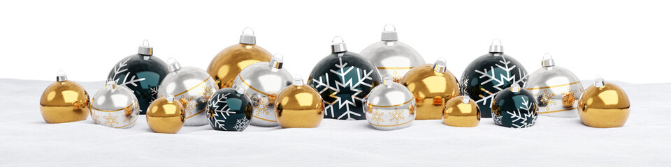Fototapeta na wymiar Isolated Christmas baubles alined on snow. Golden, black and silver colors. 3D rendering