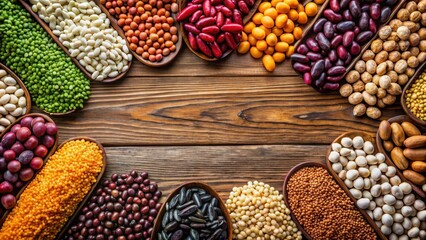 Assorted beans and legumes arranged in a colorful pattern on a wooden background